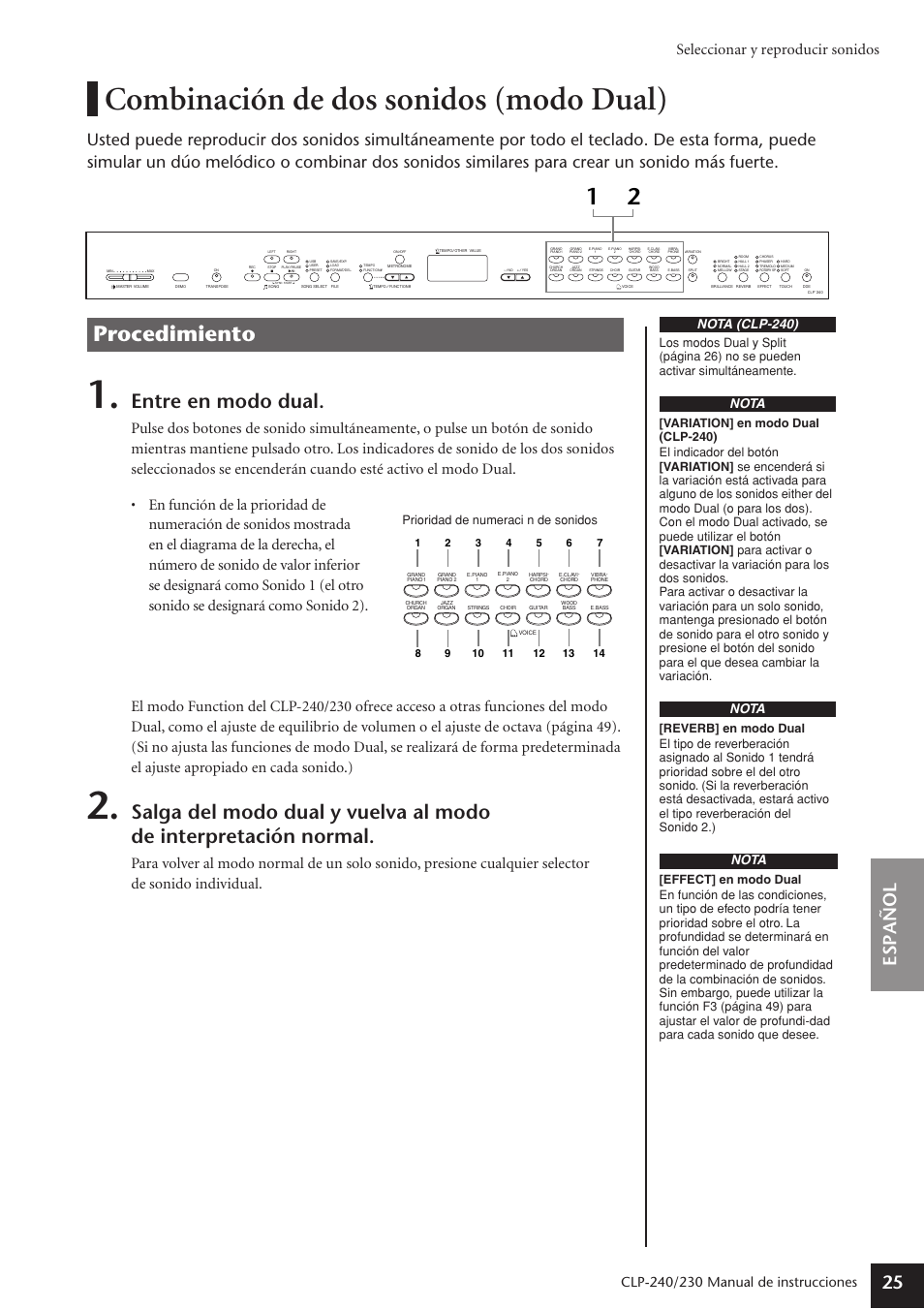 Combinación de dos sonidos (modo dual), Procedimiento, Entre en modo dual | Espa ñ ol 25, Seleccionar y reproducir sonidos, Manual de instrucciones, Nota (clp-240), Nota, Prioridad de numeraci n de sonidos | Yamaha CLP-230 User Manual | Page 25 / 89