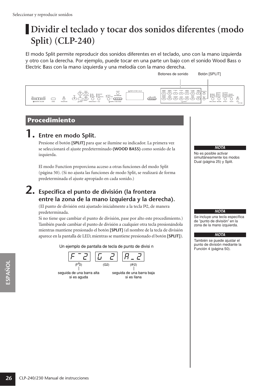 Procedimiento, Entre en modo split, Espa ñ ol 26 | Seleccionar y reproducir sonidos, Presione el botón, Manual de instrucciones, Split, Wood bass), Nota, Botones de sonido botón [split | Yamaha CLP-230 User Manual | Page 26 / 89
