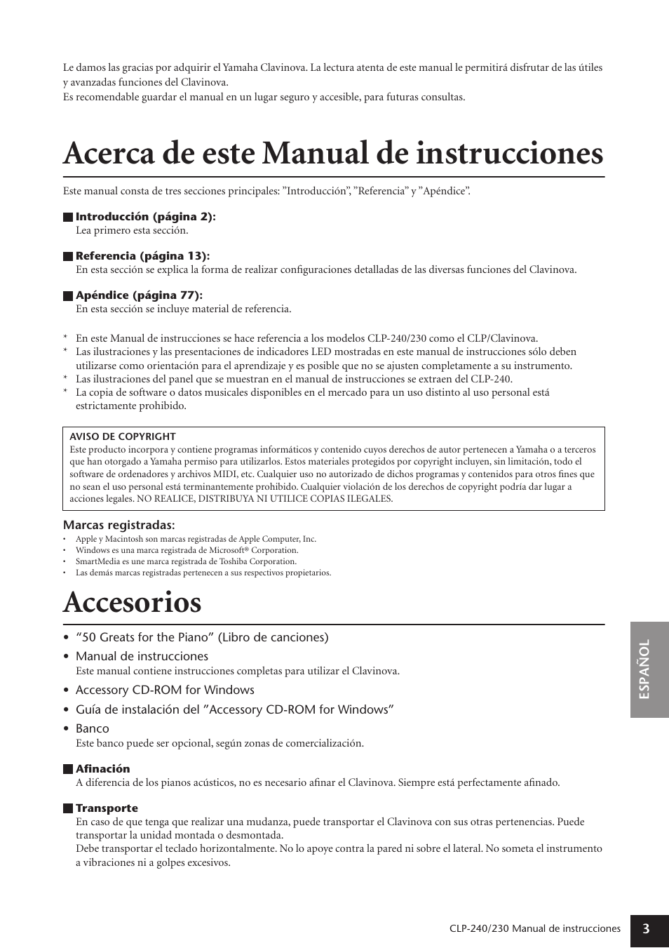 Introducción, Acerca de este manual de instrucciones, Accesorios | Yamaha CLP-230 User Manual | Page 3 / 89