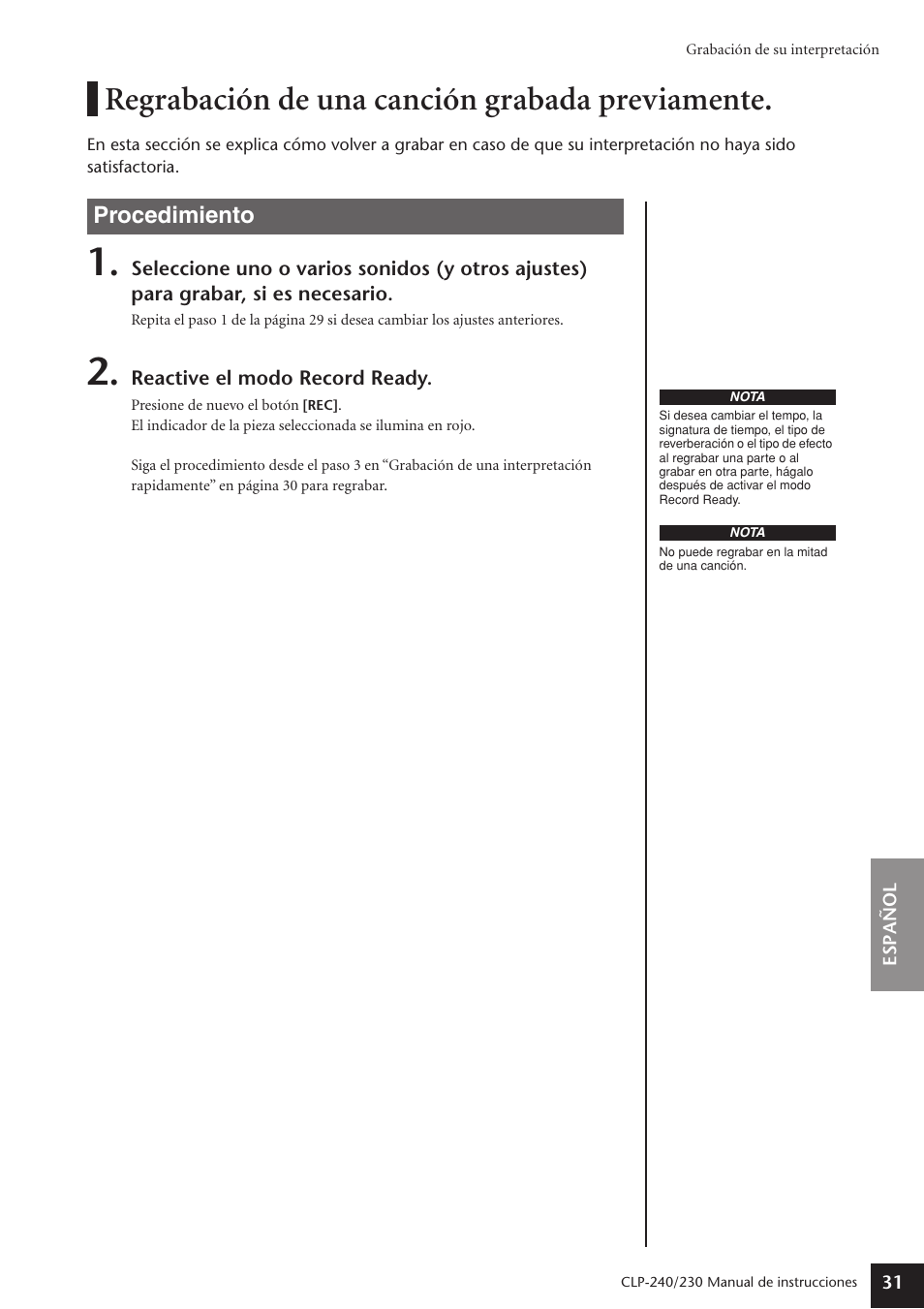 Regrabación de una canción grabada previamente, Procedimiento | Yamaha CLP-230 User Manual | Page 31 / 89