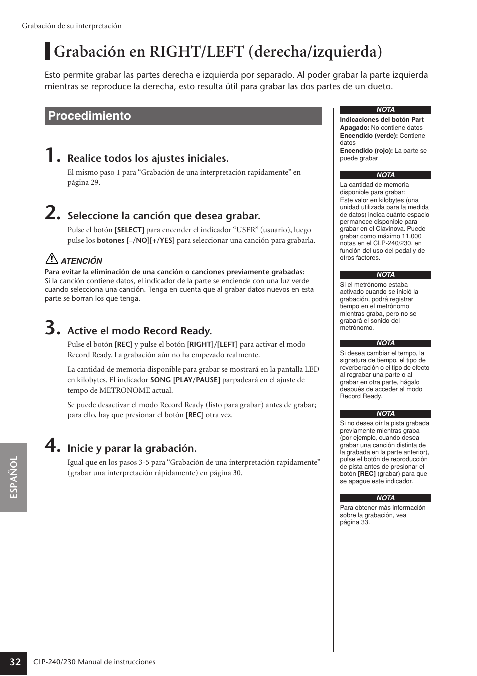 Grabación en right/left (derecha/izquierda), Procedimiento | Yamaha CLP-230 User Manual | Page 32 / 89