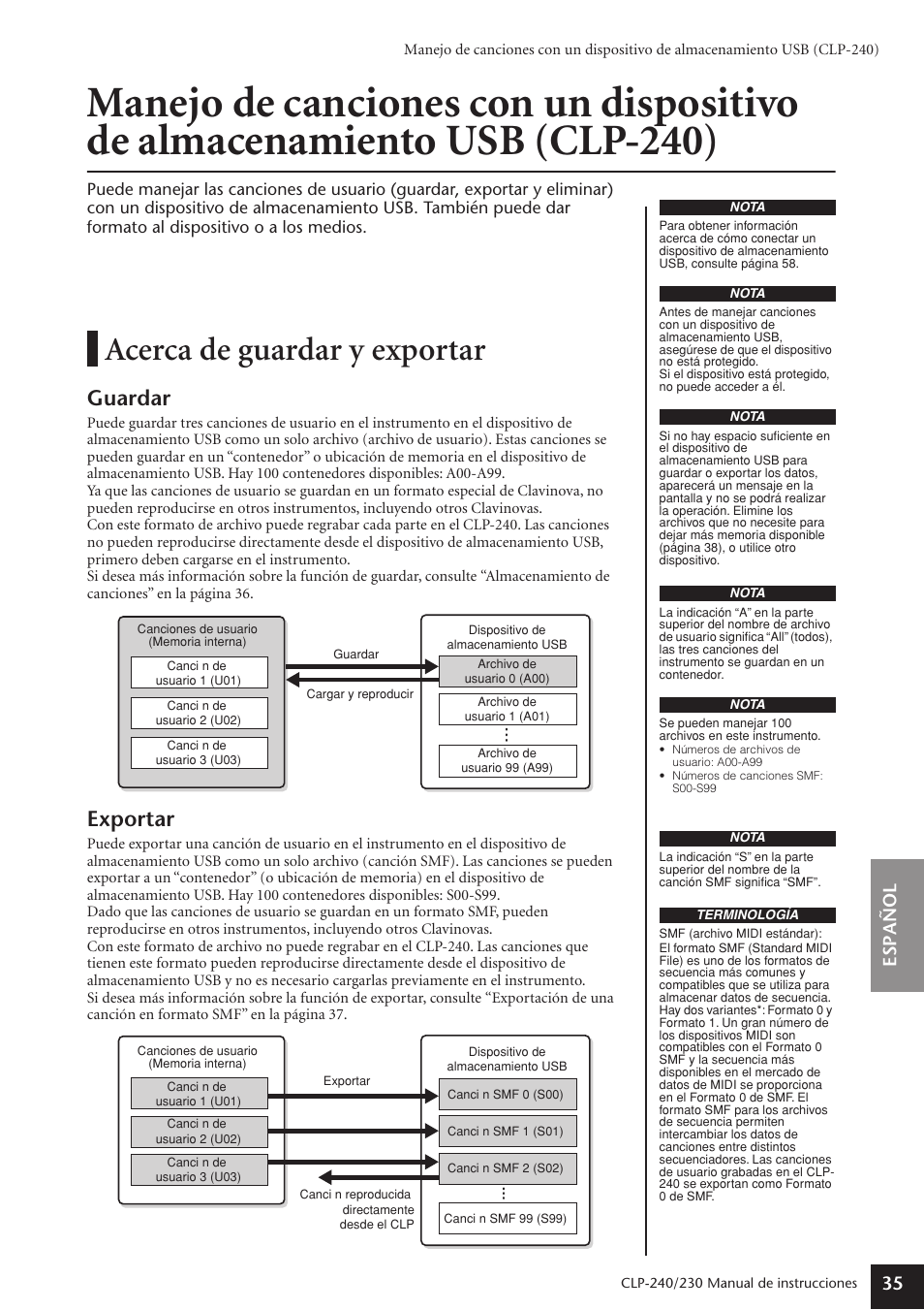 Acerca de guardar y exportar, Guardar, Exportar | Espa ñ ol 35 | Yamaha CLP-230 User Manual | Page 35 / 89