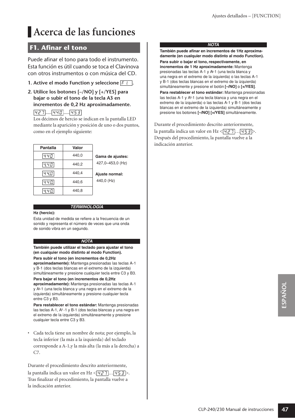 Acerca de las funciones, F1. afinar el tono, Acerca de las funciones f1. afinar el tono | Espa ñ ol 47 | Yamaha CLP-230 User Manual | Page 47 / 89