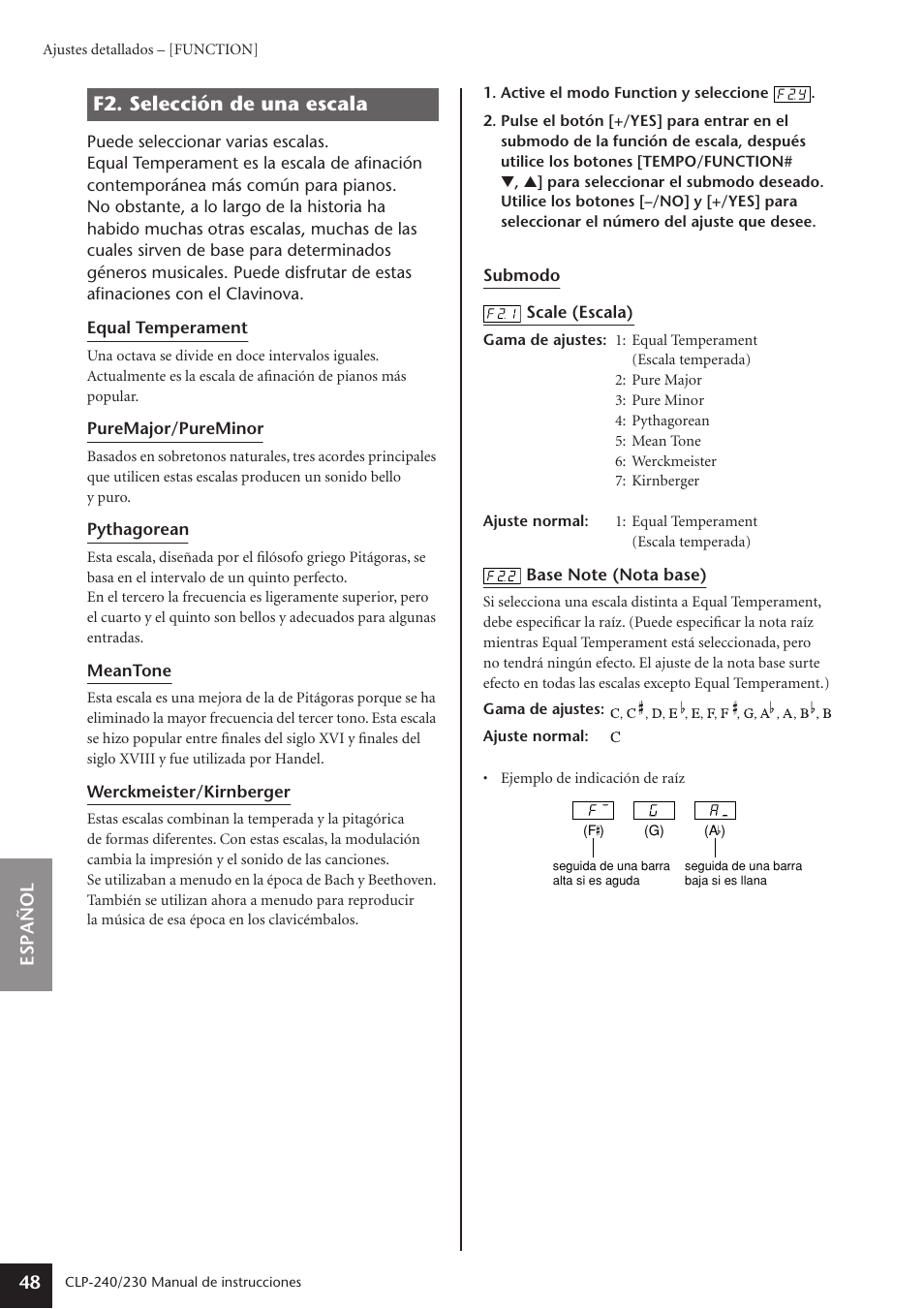 F2. selección de una escala | Yamaha CLP-230 User Manual | Page 48 / 89