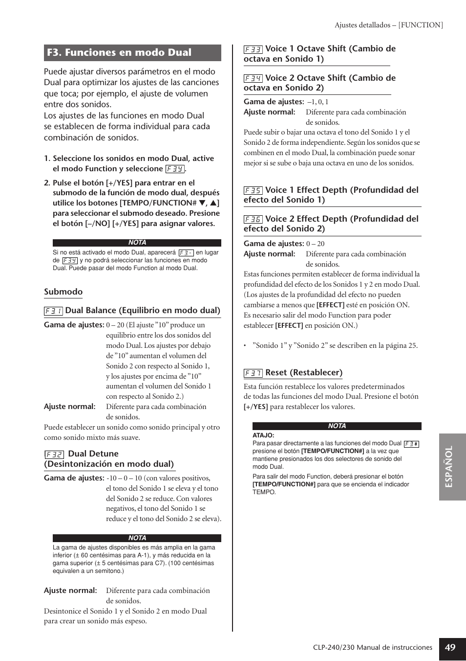 F3. funciones en modo dual, Espa ñ ol 49 | Yamaha CLP-230 User Manual | Page 49 / 89