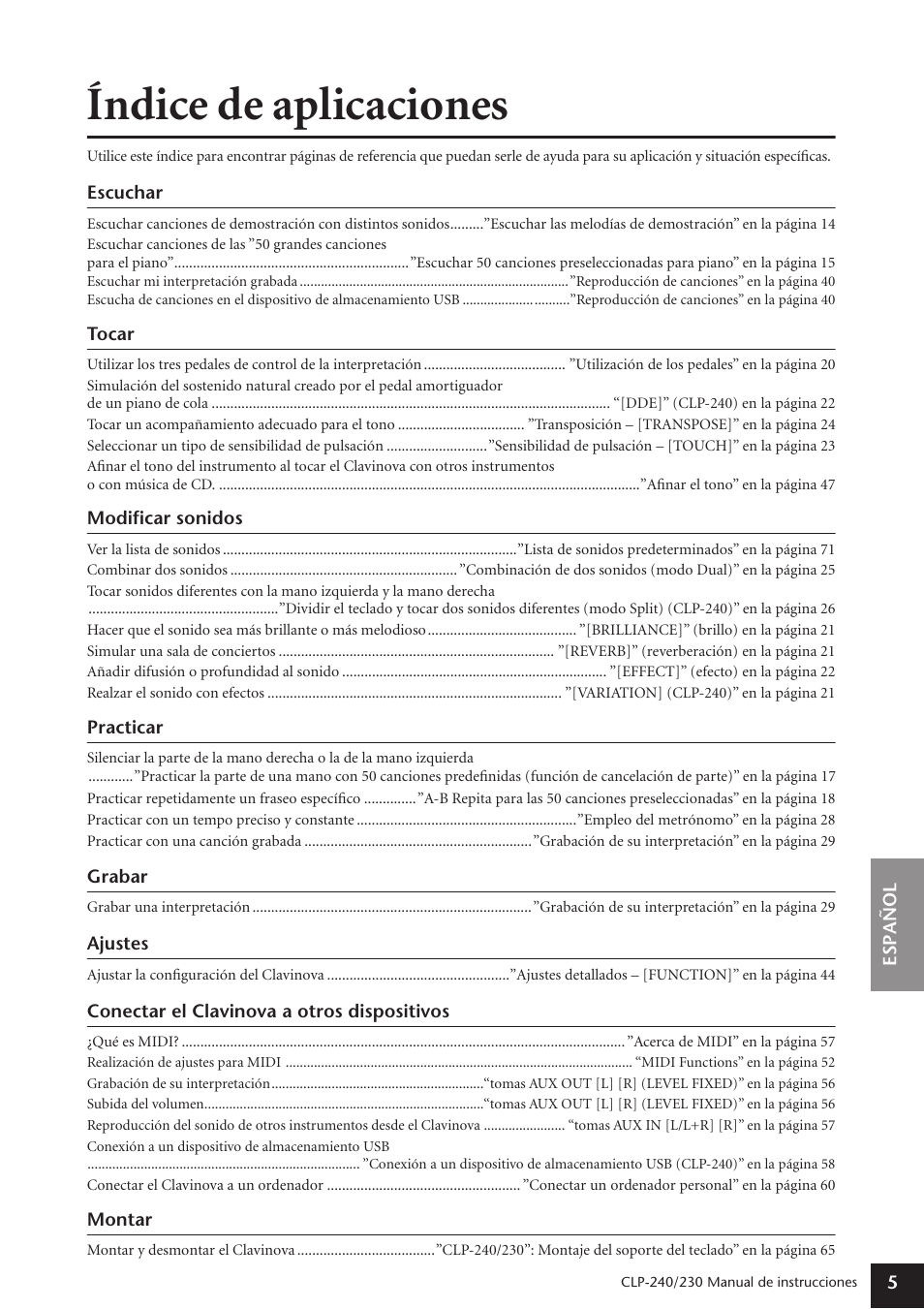 Índice de aplicaciones | Yamaha CLP-230 User Manual | Page 5 / 89