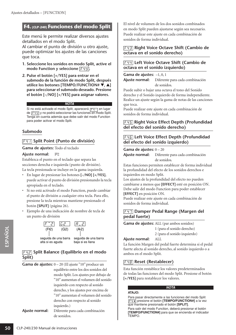 F4. (clp-240) funciones del modo split, Clp-240) funciones del modo split, Funciones del modo split | Espa ñ ol 50 | Yamaha CLP-230 User Manual | Page 50 / 89