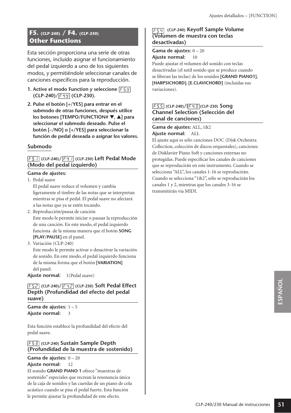 F5. (clp-240) / f4. (clp-230), Other functions, Clp-240) / f4. (clp-230) other functions | Yamaha CLP-230 User Manual | Page 51 / 89