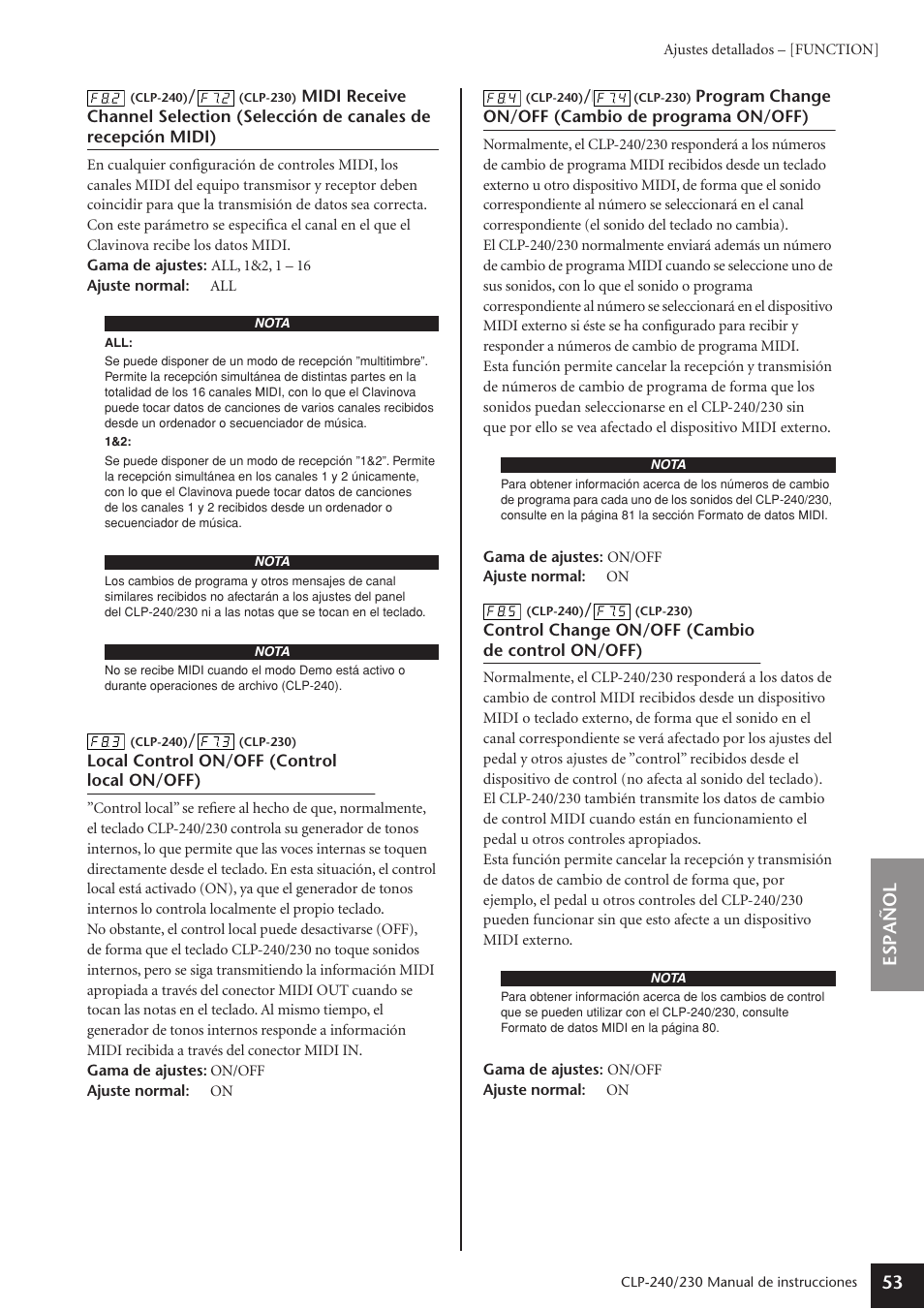 Espa ñ ol 53 | Yamaha CLP-230 User Manual | Page 53 / 89