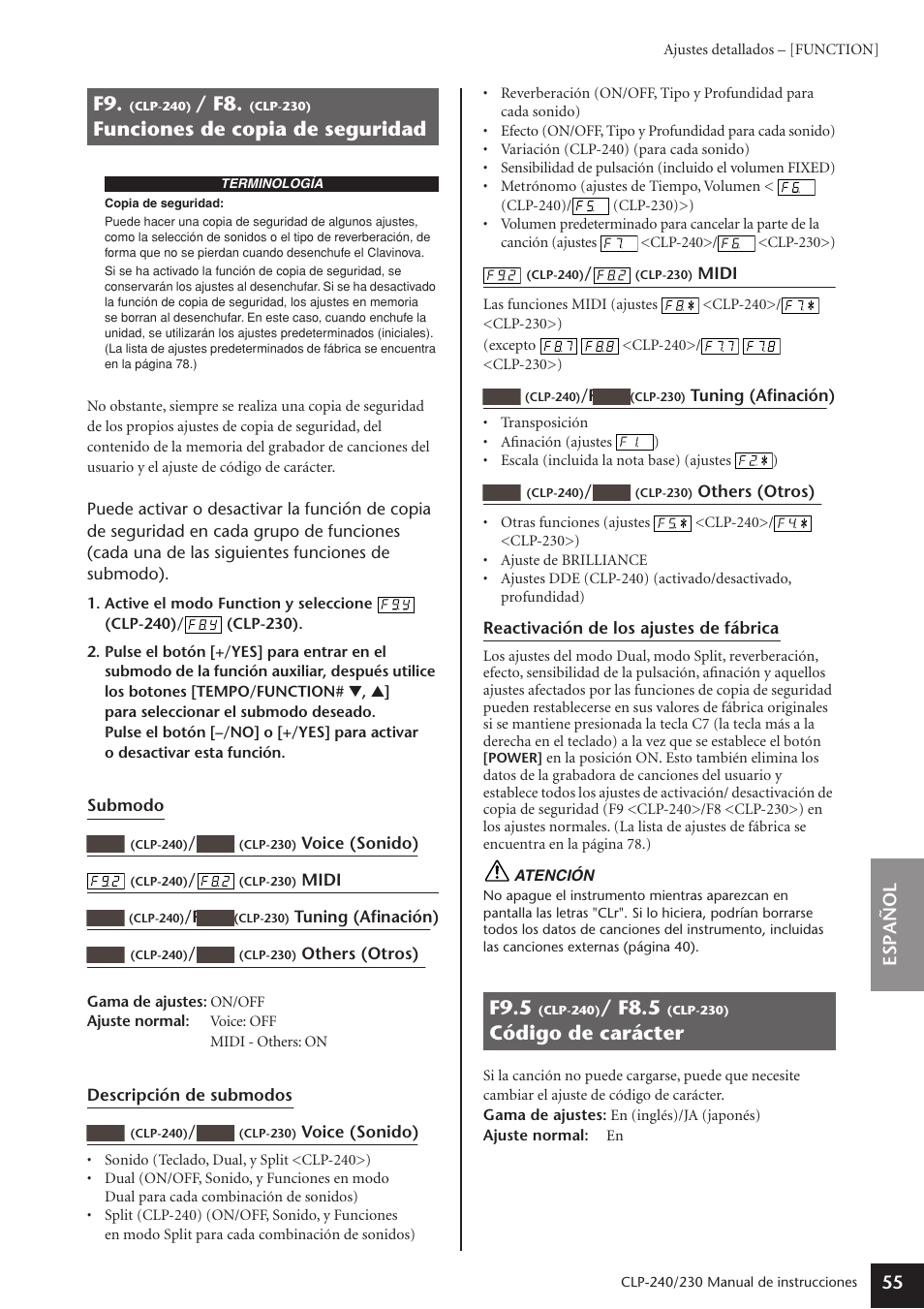 F9. (clp-240) / f8. (clp-230), Funciones de copia de seguridad, F9.5 (clp-240)/ f8.5 (clp-230) | Código de carácter, Ridad f9.5, Clp-240)/ f8.5 (clp-230) código de carácter, F9.5, F8.5 | Yamaha CLP-230 User Manual | Page 55 / 89