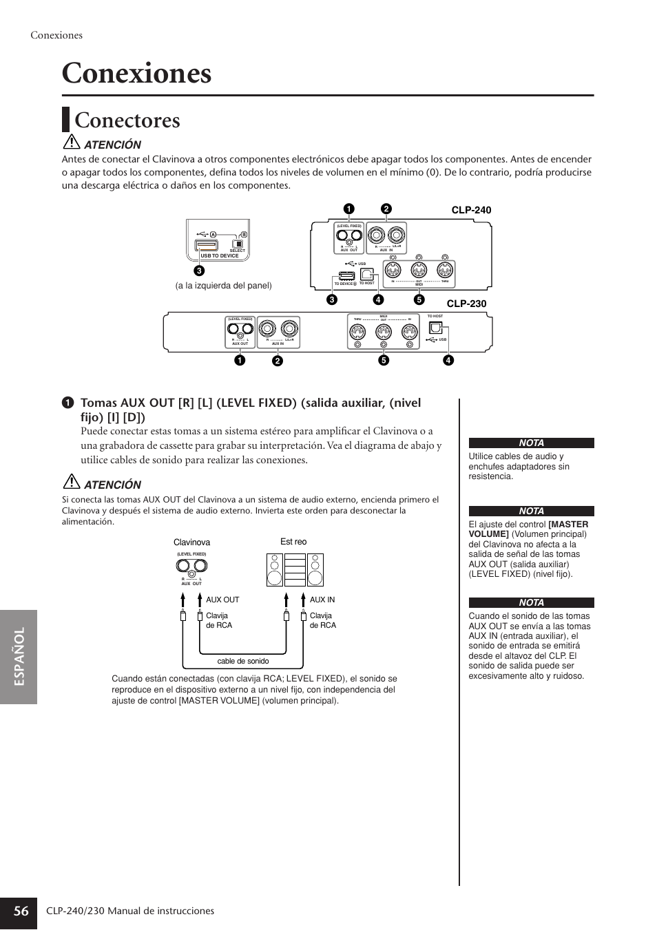 Conexiones, Conectores, Espa ñ ol 56 | Atención | Yamaha CLP-230 User Manual | Page 56 / 89