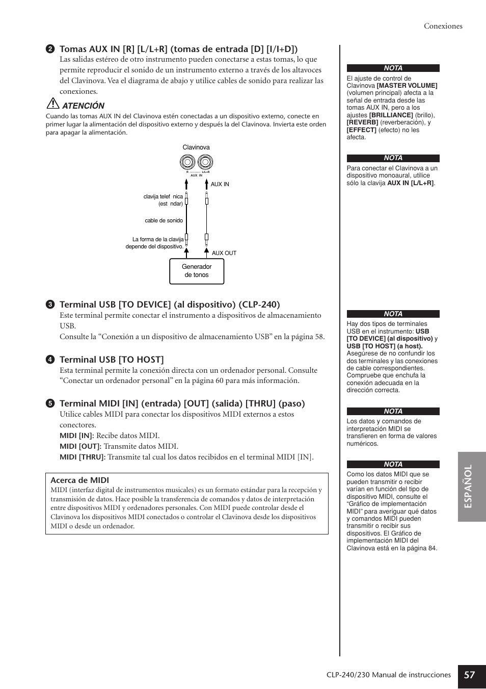 Espa ñ ol 57 | Yamaha CLP-230 User Manual | Page 57 / 89