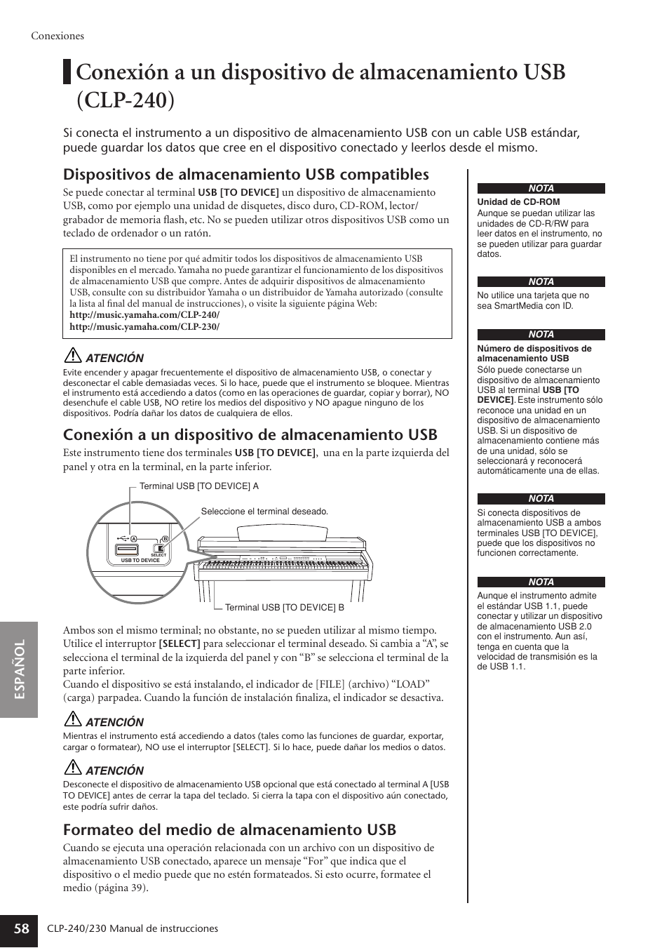 Dispositivos de almacenamiento usb compatibles, Conexión a un dispositivo de almacenamiento usb, Formateo del medio de almacenamiento usb | Espa ñ ol 58 | Yamaha CLP-230 User Manual | Page 58 / 89