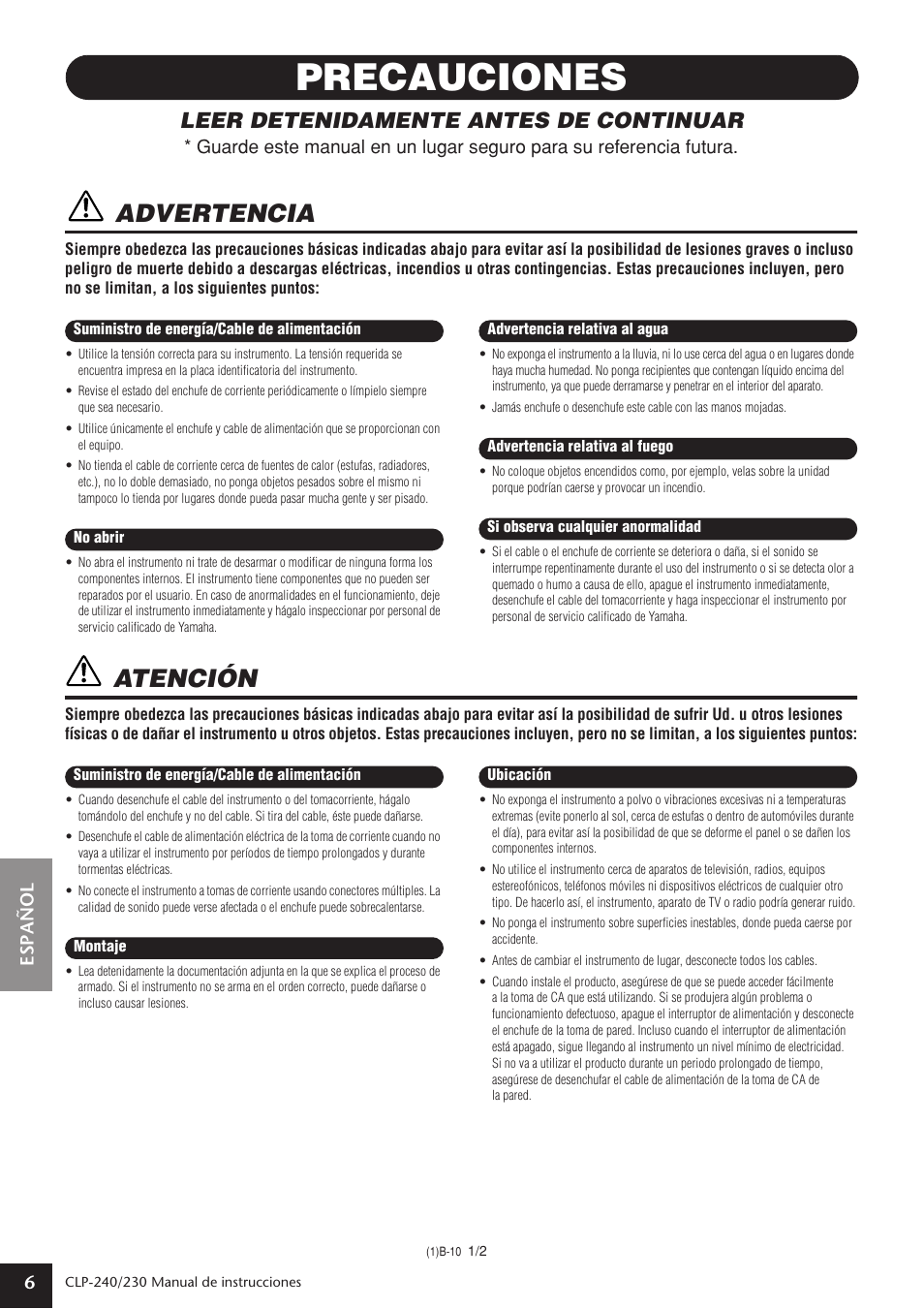 Precauciones, Advertencia, Atención | Leer detenidamente antes de continuar, Español 6 | Yamaha CLP-230 User Manual | Page 6 / 89