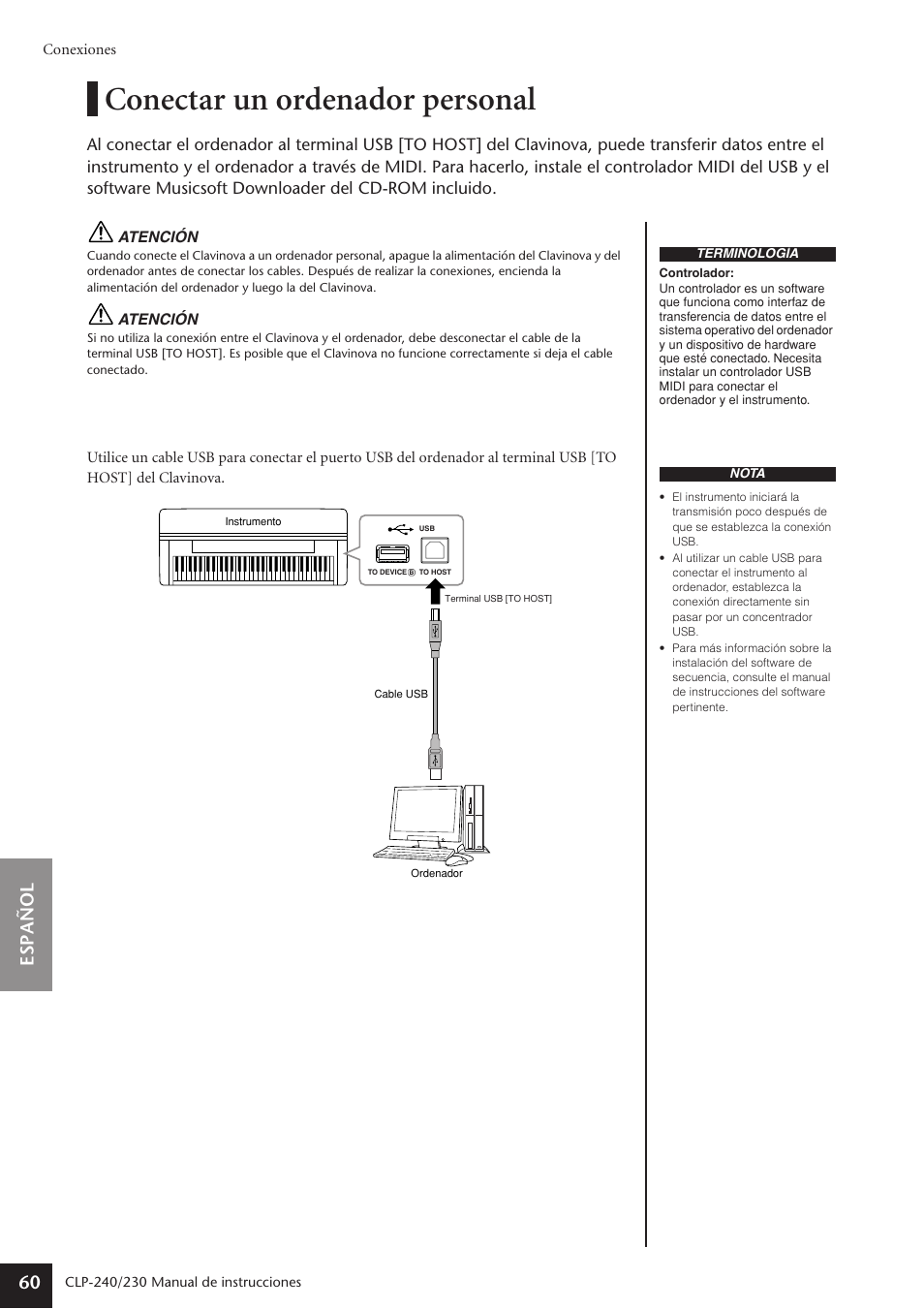 Conectar un ordenador personal, Espa ñ ol 60 | Yamaha CLP-230 User Manual | Page 60 / 89