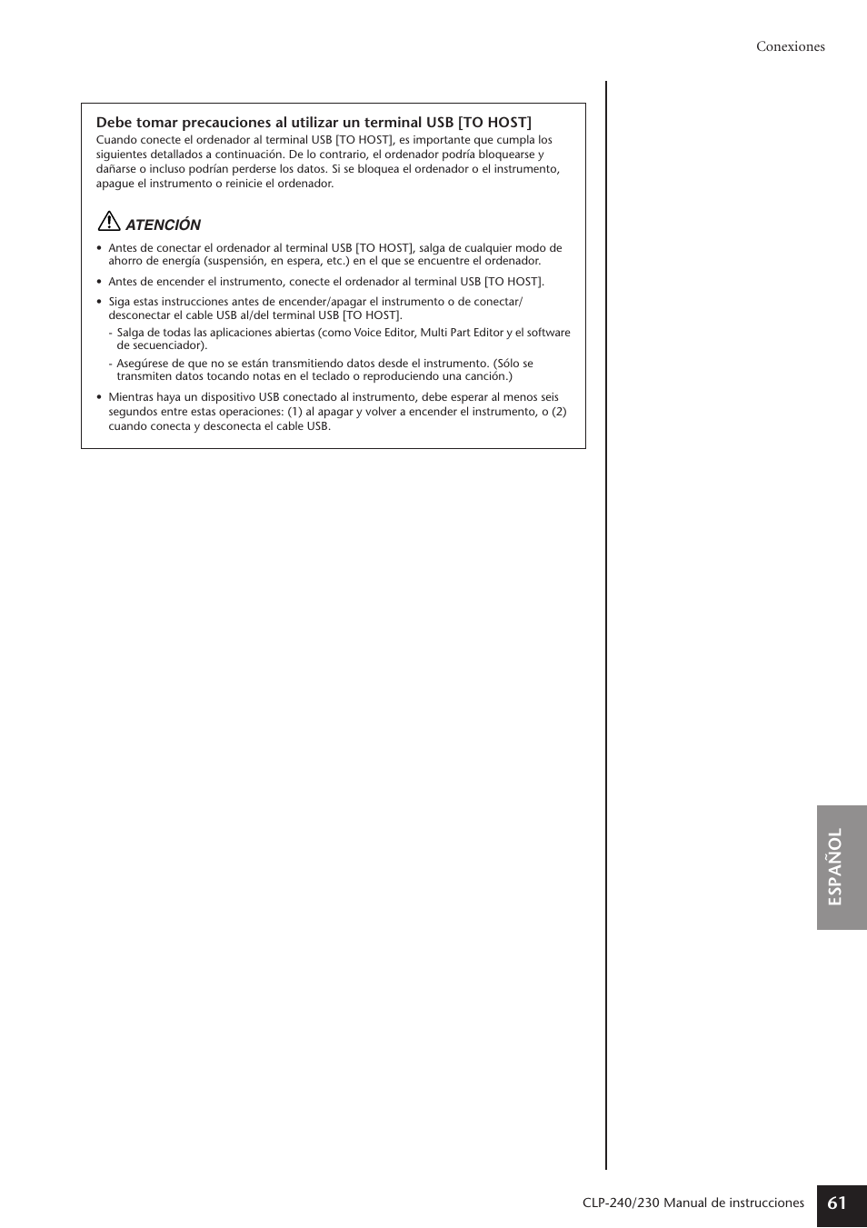 Espa ñ ol 61 | Yamaha CLP-230 User Manual | Page 61 / 89