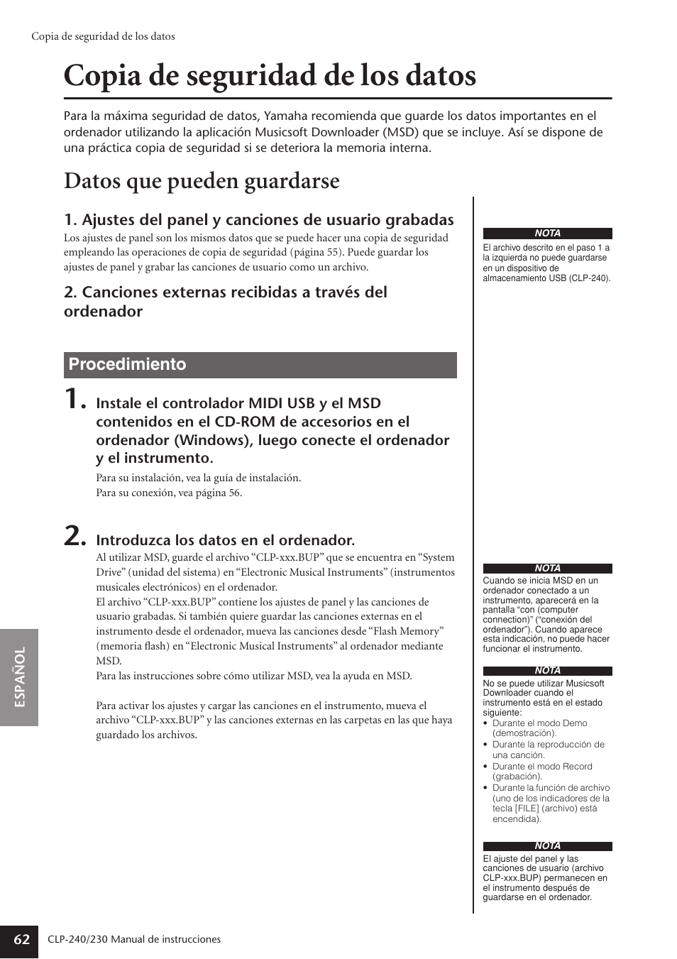 Copia de seguridad de los datos, Datos que pueden guardarse, Procedimiento | Ajustes del panel y canciones de usuario grabadas | Yamaha CLP-230 User Manual | Page 62 / 89