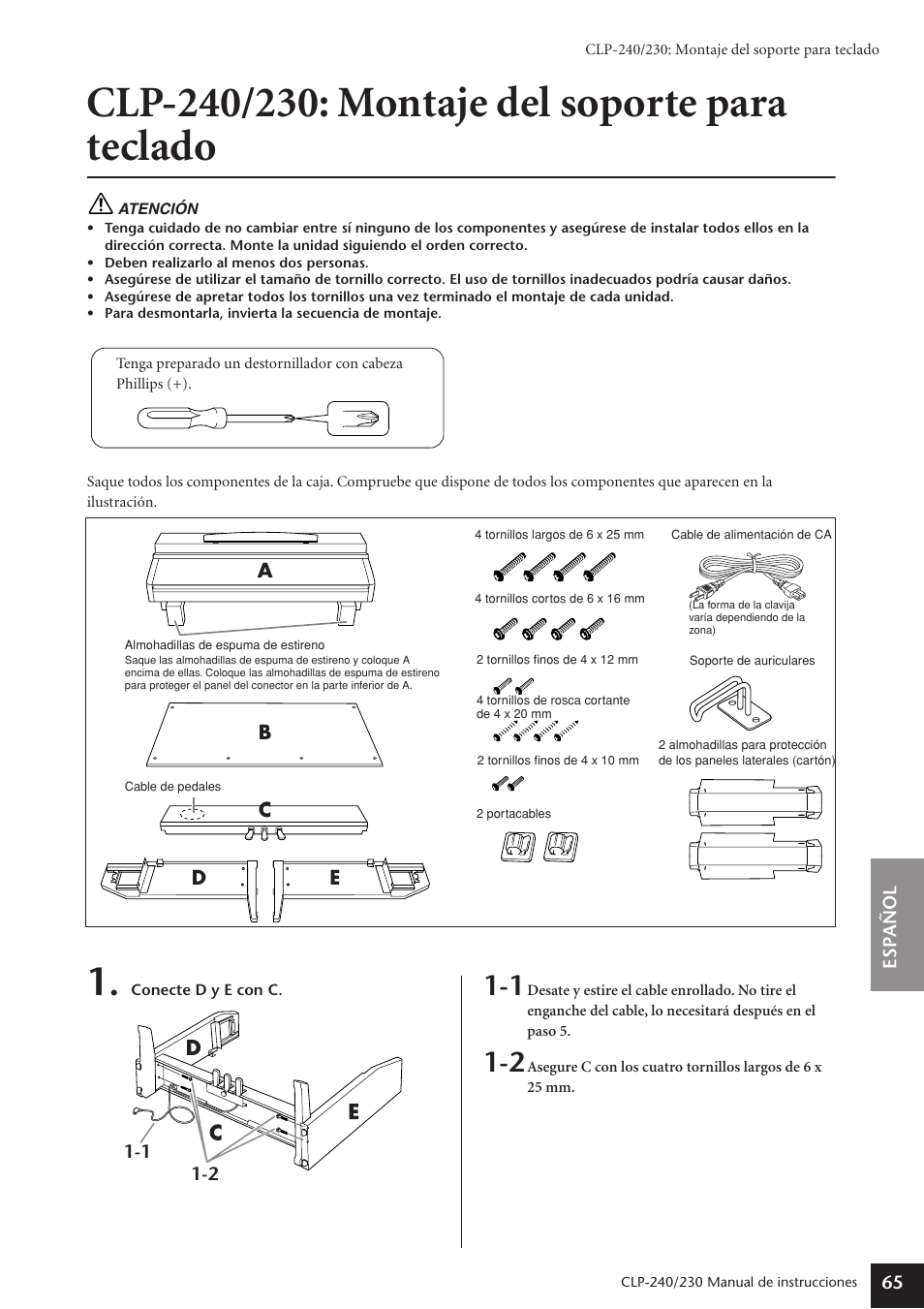Clp-240/230: montaje del soporte para teclado, A 65 | Yamaha CLP-230 User Manual | Page 65 / 89