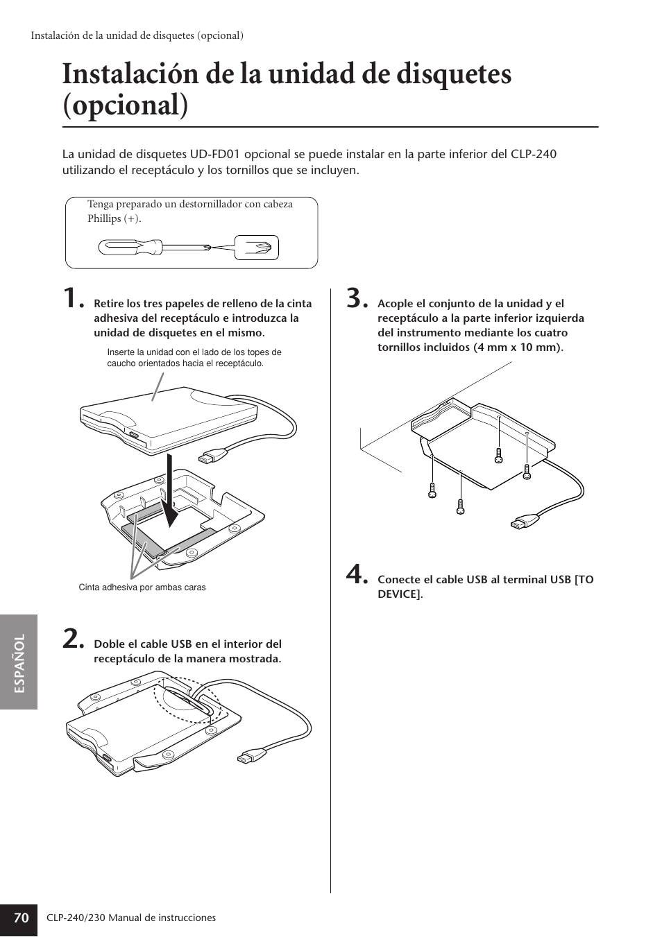 Instalación de la unidad de disquetes (opcional) | Yamaha CLP-230 User Manual | Page 70 / 89