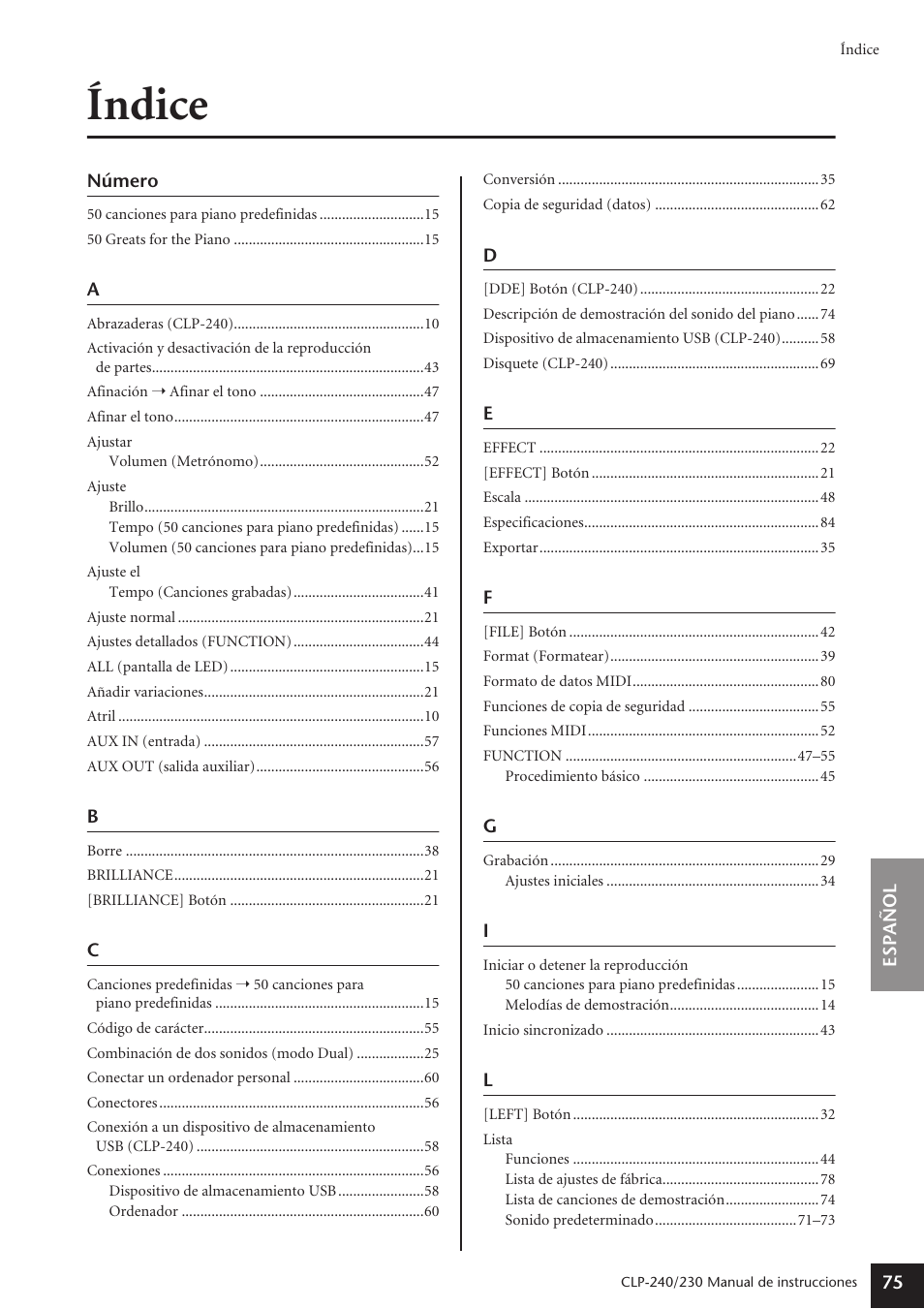 Índice | Yamaha CLP-230 User Manual | Page 75 / 89
