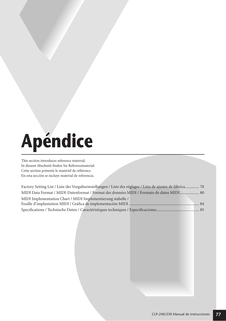 Apéndice | Yamaha CLP-230 User Manual | Page 77 / 89