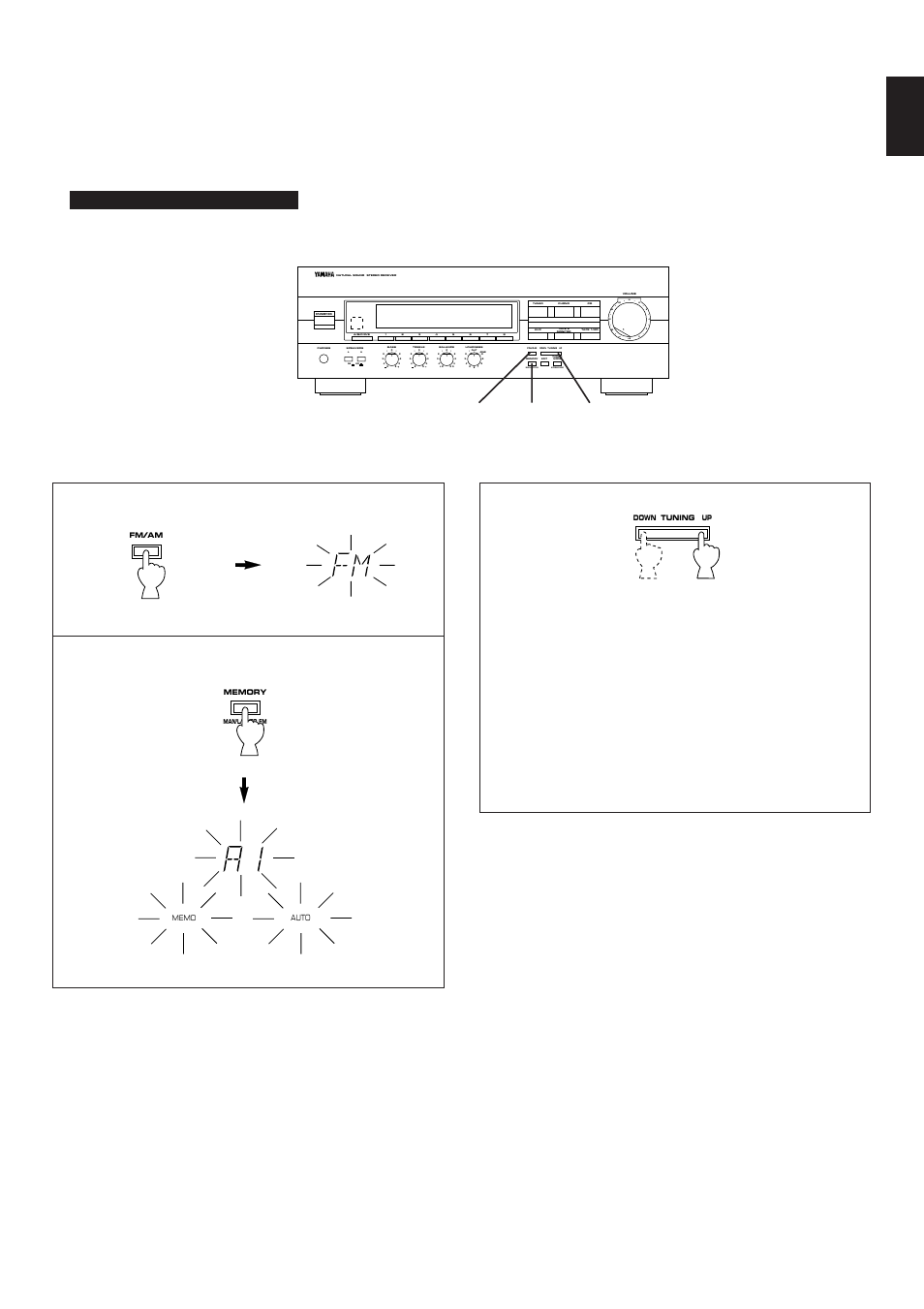 Automatic preset tuning, English, Press and hold for more than 3 seconds | Aon b off, Man’l/auto fm, Auto/man’l mono | Yamaha RX-396RDS/396 User Manual | Page 19 / 29