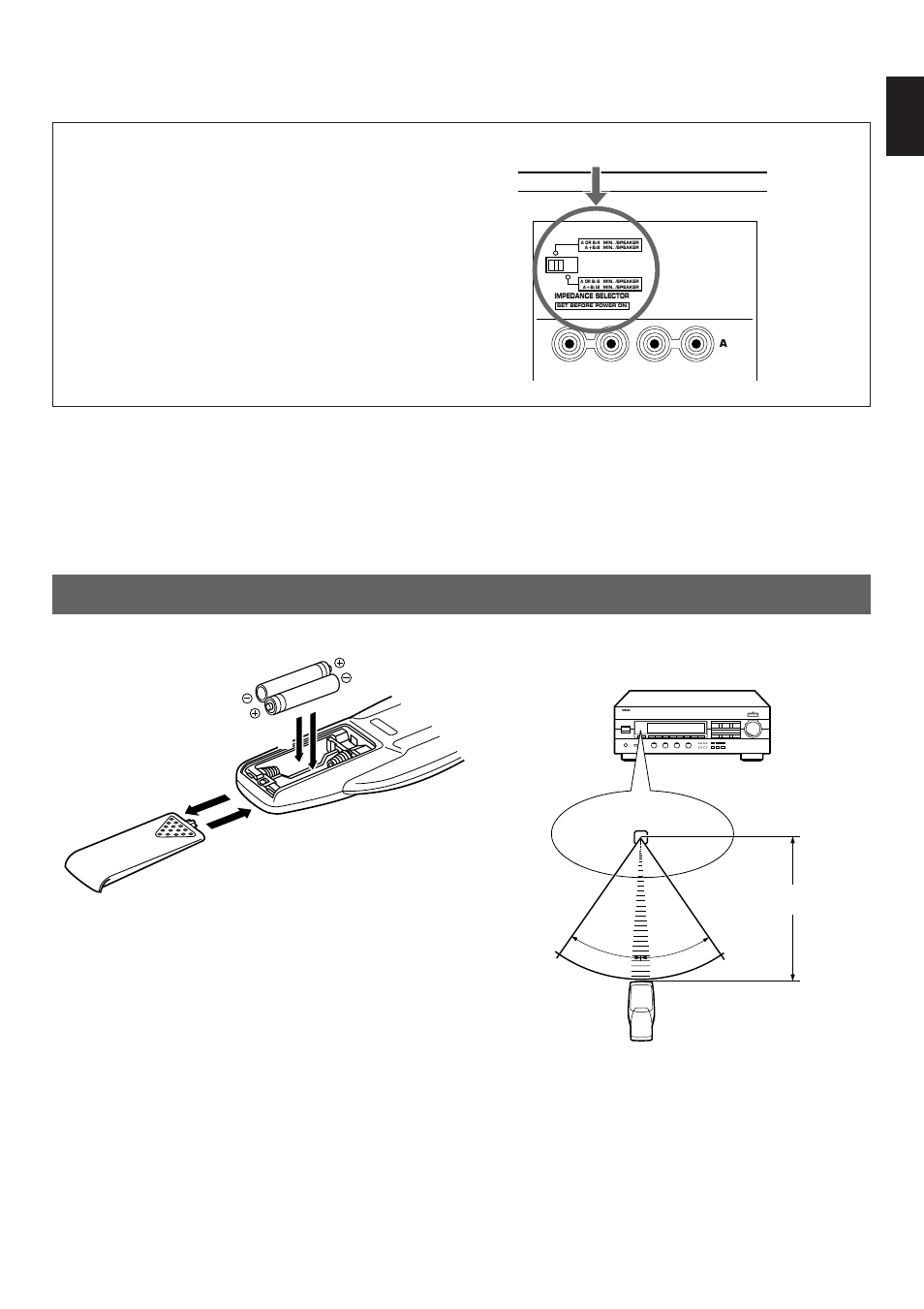 Notes about the remote control transmitter, English, Battery installation battery replacement | Remote control transmitter operation range, Impedance selector | Yamaha RX-396RDS/396 User Manual | Page 5 / 29