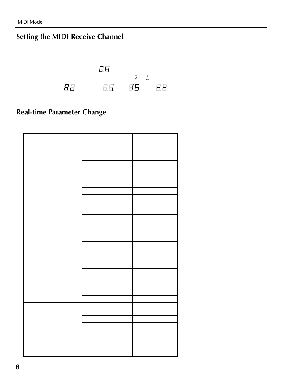 Setting the midi receive channel, Real-time parameter change | Yamaha REV100 User Manual | Page 12 / 52