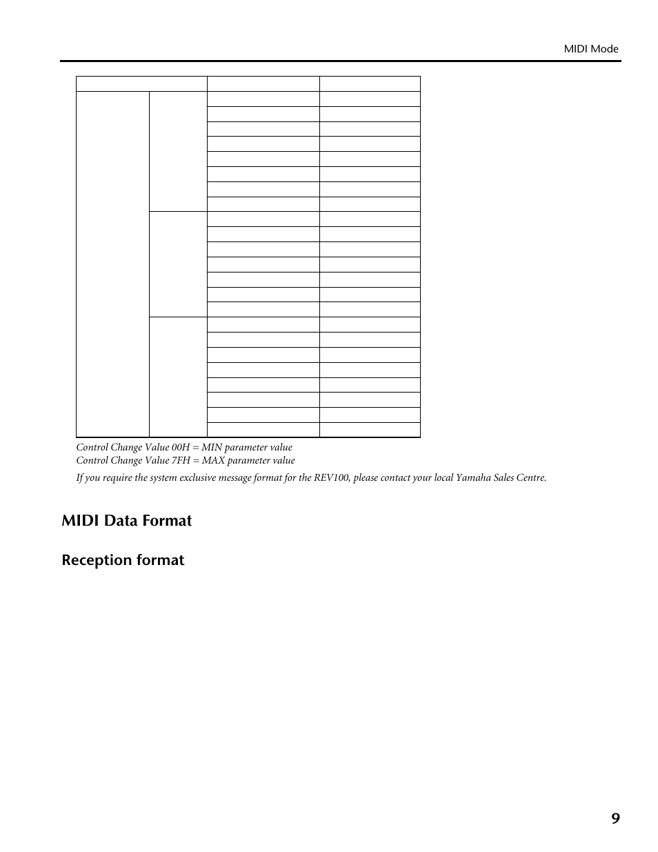 Midi data format, Reception format | Yamaha REV100 User Manual | Page 13 / 52