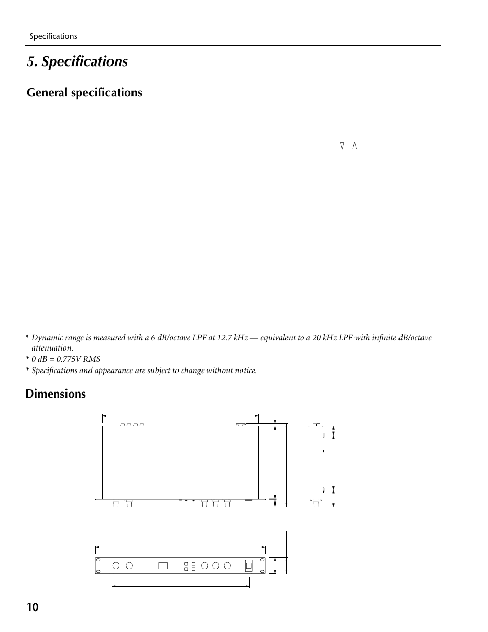 Specifications, General specifications dimensions, General specifications | Dimensions | Yamaha REV100 User Manual | Page 14 / 52