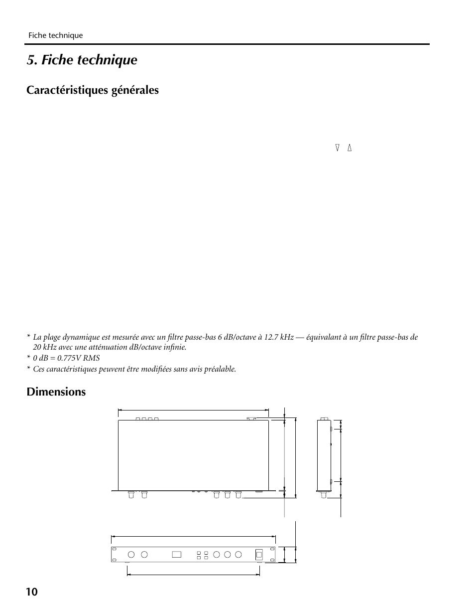 Fiche technique, Caractéristiques générales dimensions, Caractéristiques générales | Dimensions | Yamaha REV100 User Manual | Page 26 / 52