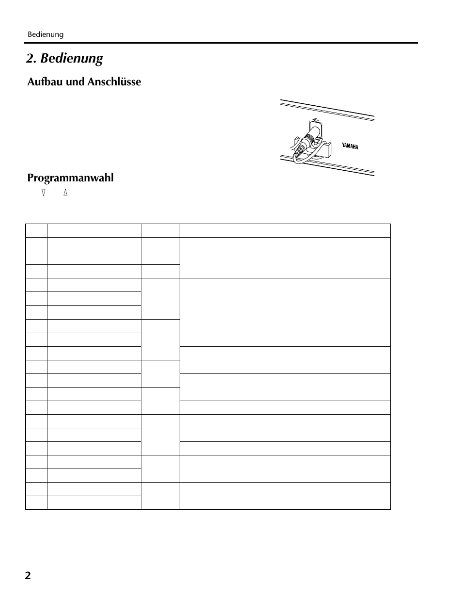 Bedienung, Aufbau und anschlüsse programmanwahl, Aufbau und anschlüsse | Programmanwahl | Yamaha REV100 User Manual | Page 30 / 52