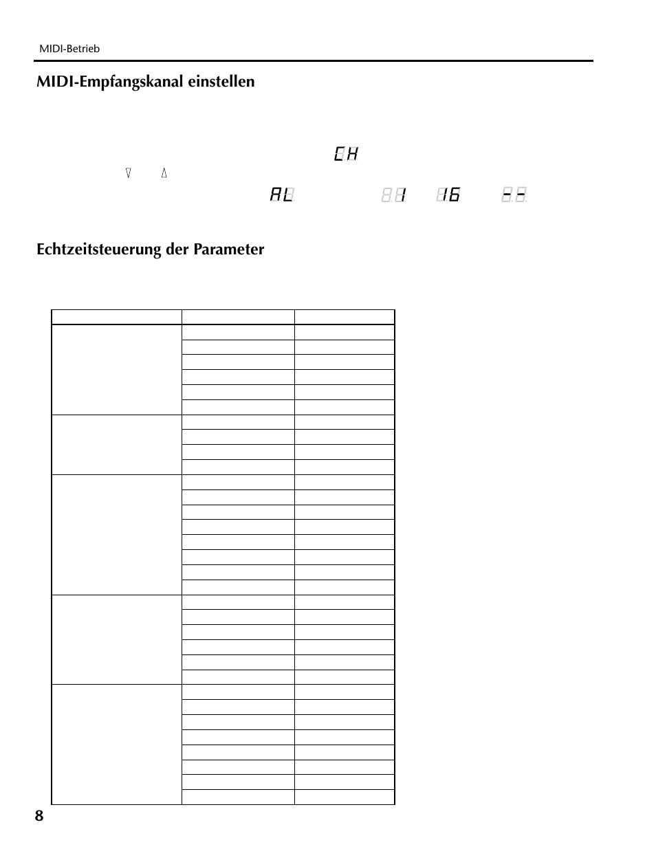 Midi-empfangskanal einstellen, Echtzeitsteuerung der parameter | Yamaha REV100 User Manual | Page 36 / 52