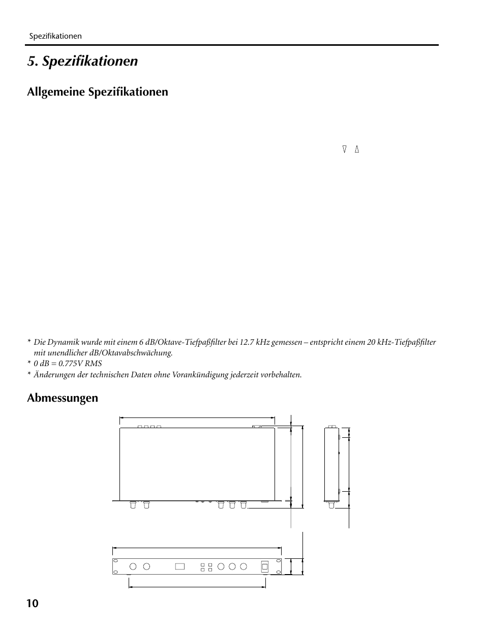 Spezifikationen, Allgemeine spezifikationen abmessungen, Allgemeine spezifikationen | Abmessungen | Yamaha REV100 User Manual | Page 38 / 52