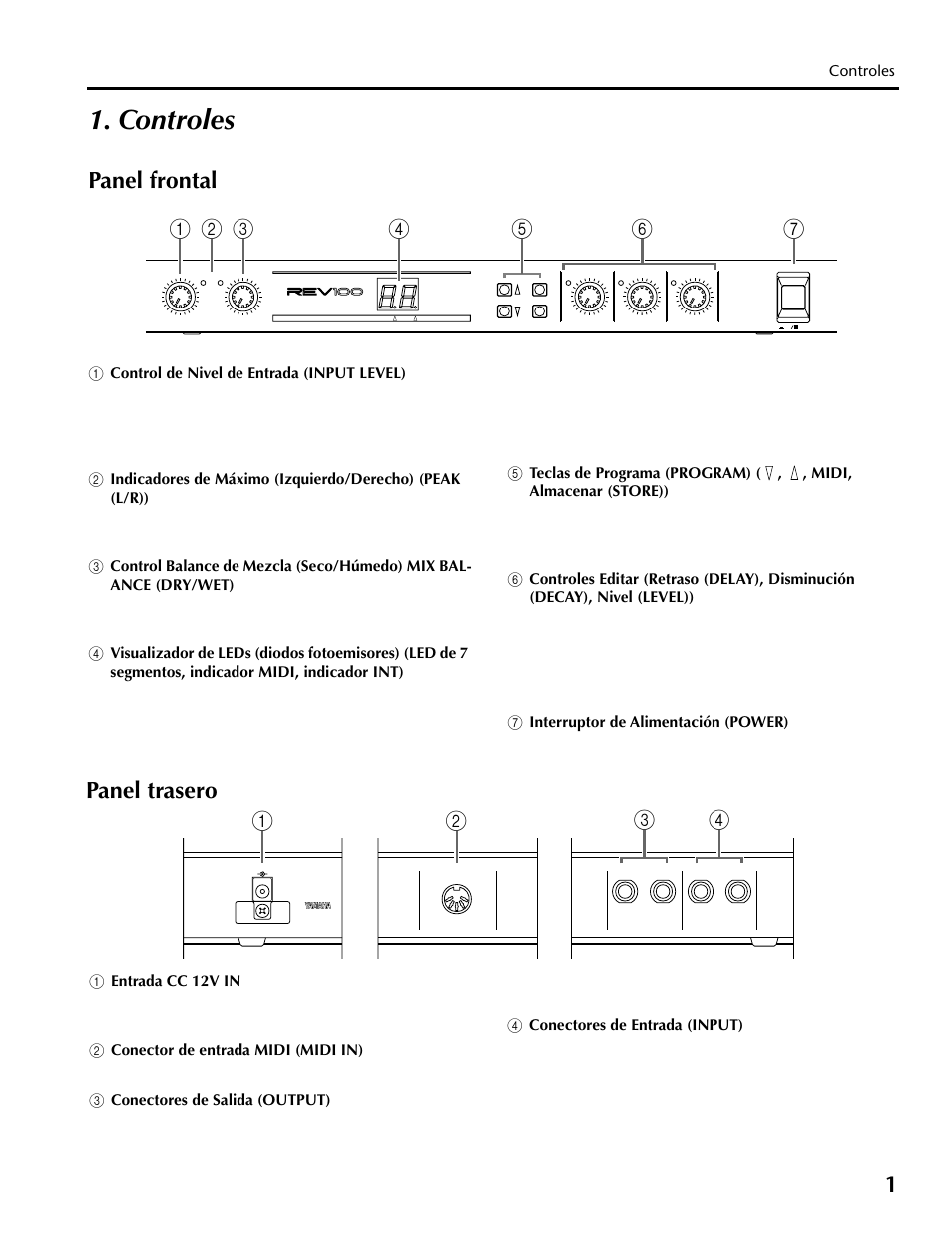 Controles, Panel frontal panel trasero, Panel frontal | Panel trasero | Yamaha REV100 User Manual | Page 41 / 52