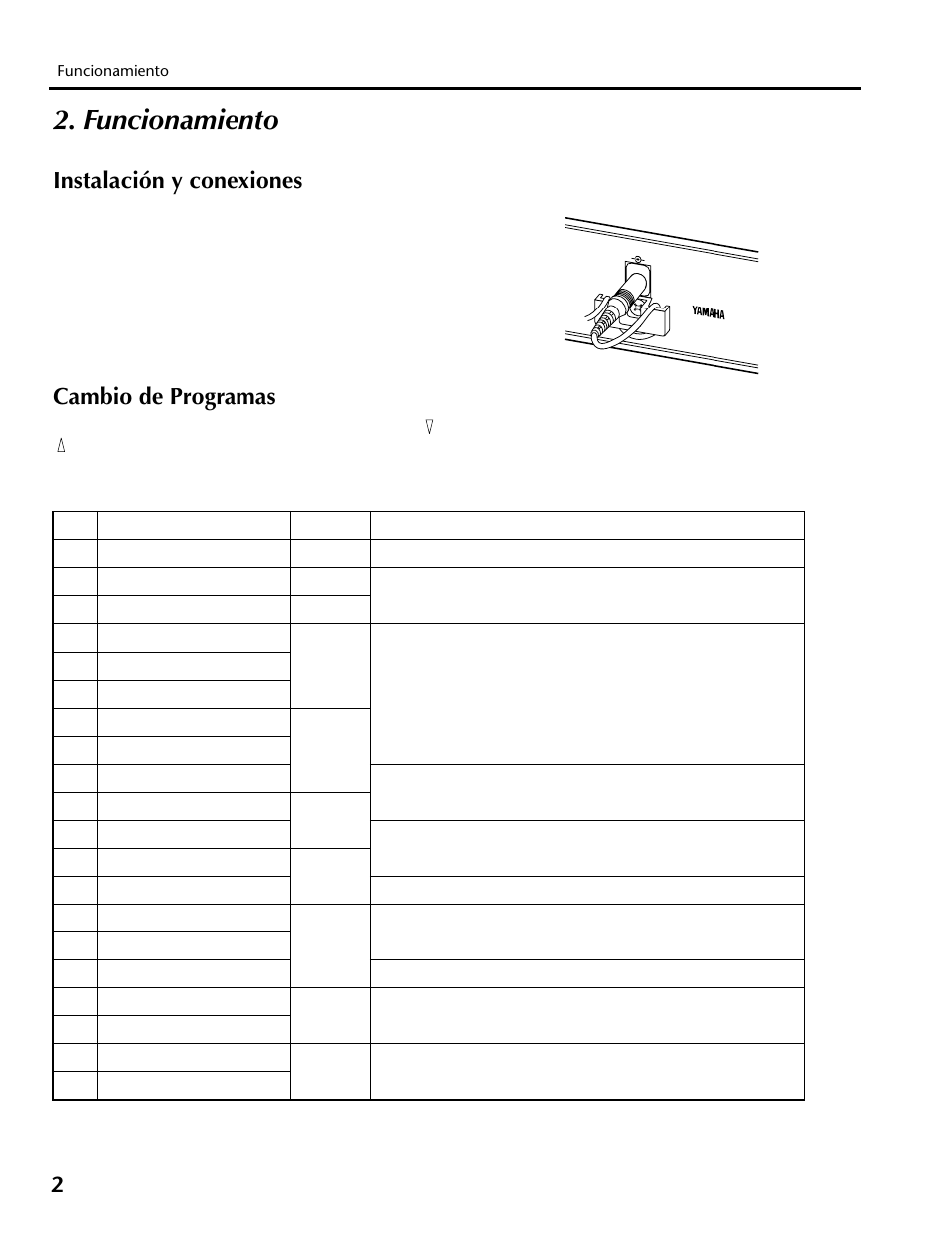 Funcionamiento, Instalación y conexiones cambio de programas, Instalación y conexiones | Cambio de programas | Yamaha REV100 User Manual | Page 42 / 52