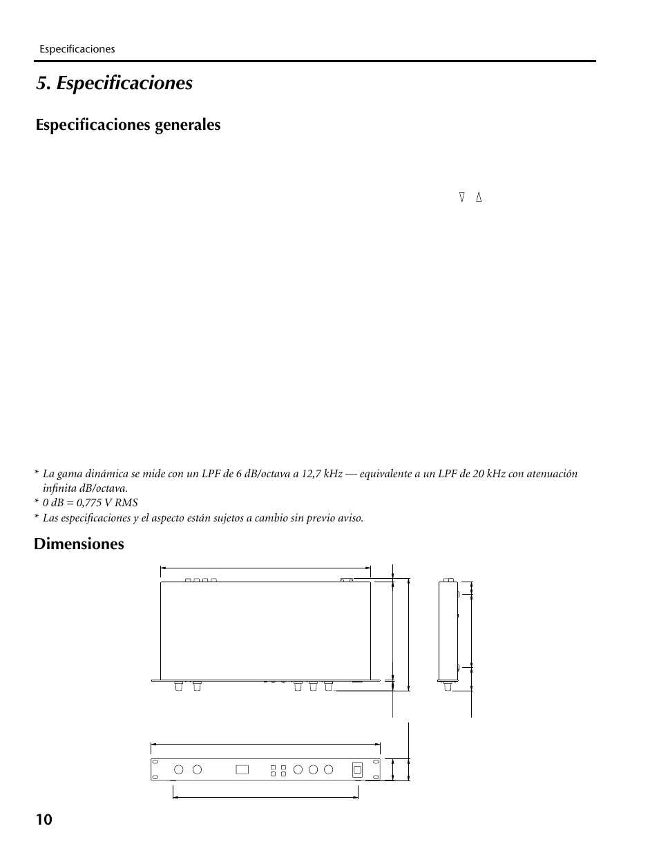 Especificaciones, Especificaciones generales dimensiones, Especificaciones generales | Dimensiones | Yamaha REV100 User Manual | Page 50 / 52