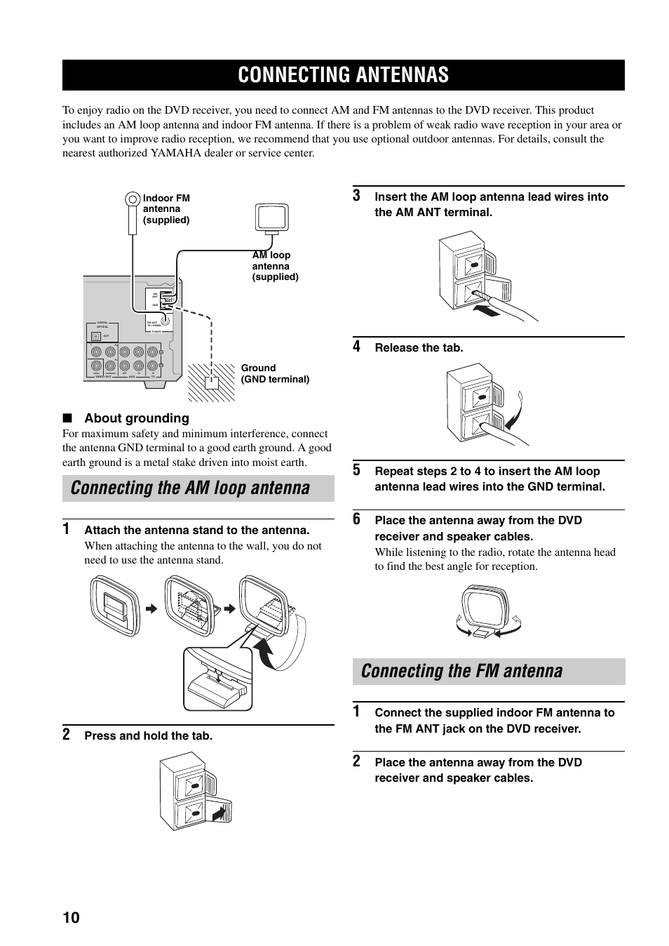 Connecting antennas, Connecting the am loop antenna, Connecting the fm antenna | About grounding, Press and hold the tab, Release the tab | Yamaha RDX-E700 User Manual | Page 12 / 61