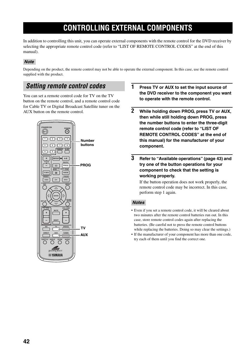 Controlling external components, Setting remote control codes, While holding down prog | Yamaha RDX-E700 User Manual | Page 44 / 61