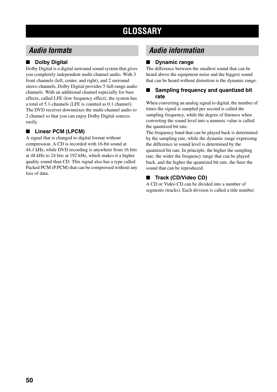 Glossary, Audio formats audio information | Yamaha RDX-E700 User Manual | Page 52 / 61