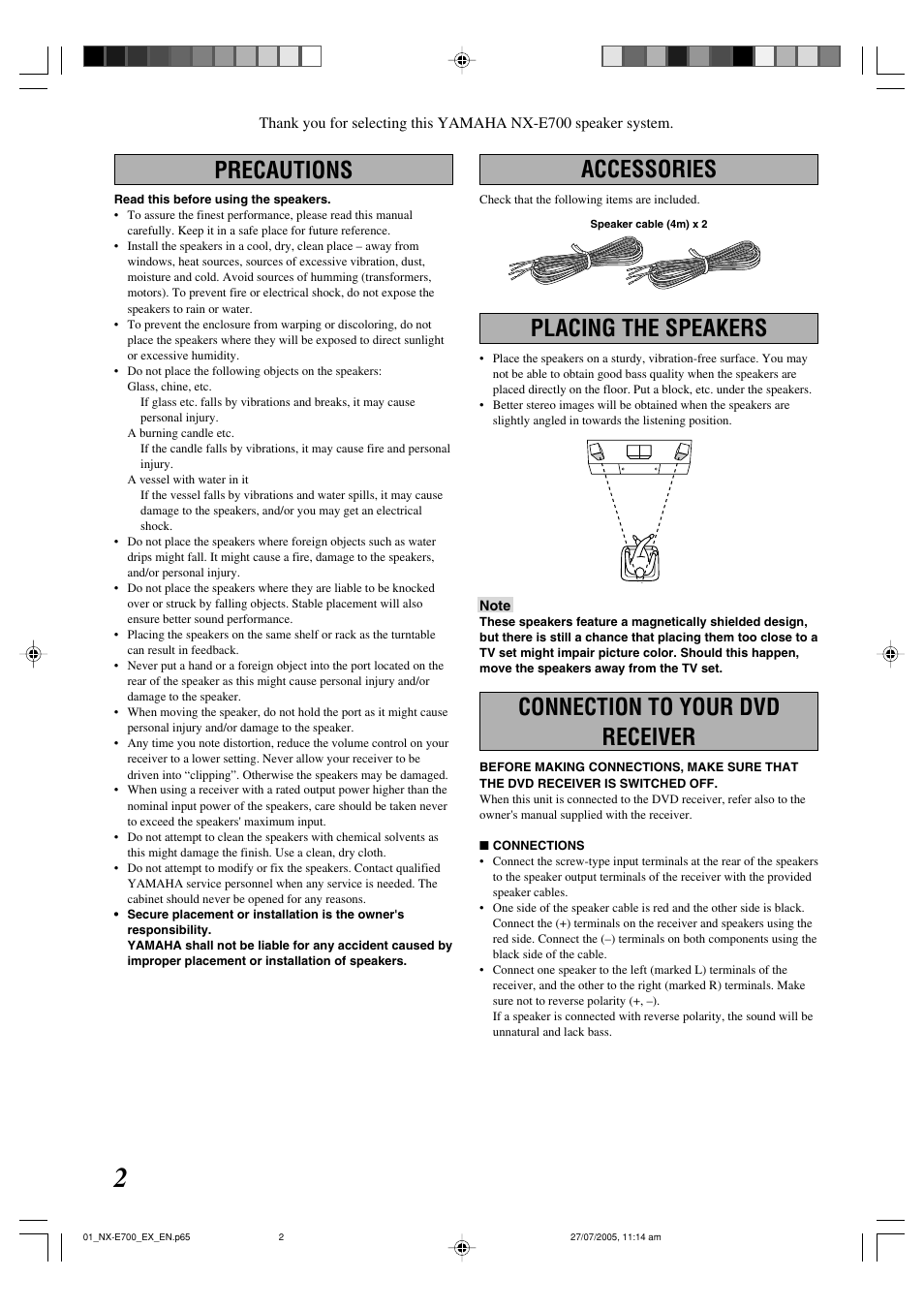 Precautions, Accessories | Yamaha RDX-E700 User Manual | Page 59 / 61