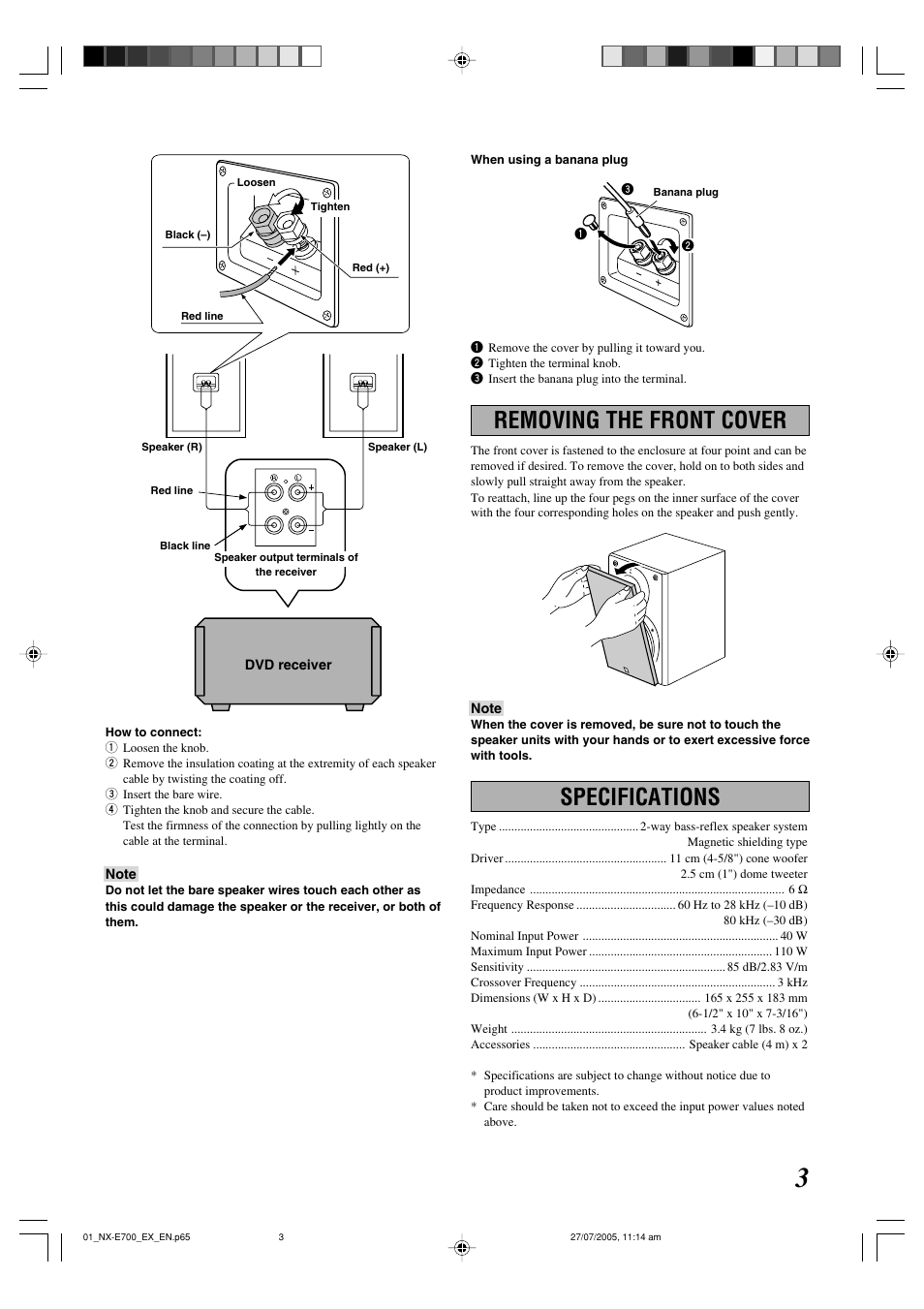 Removing the front cover, Specifications | Yamaha RDX-E700 User Manual | Page 60 / 61