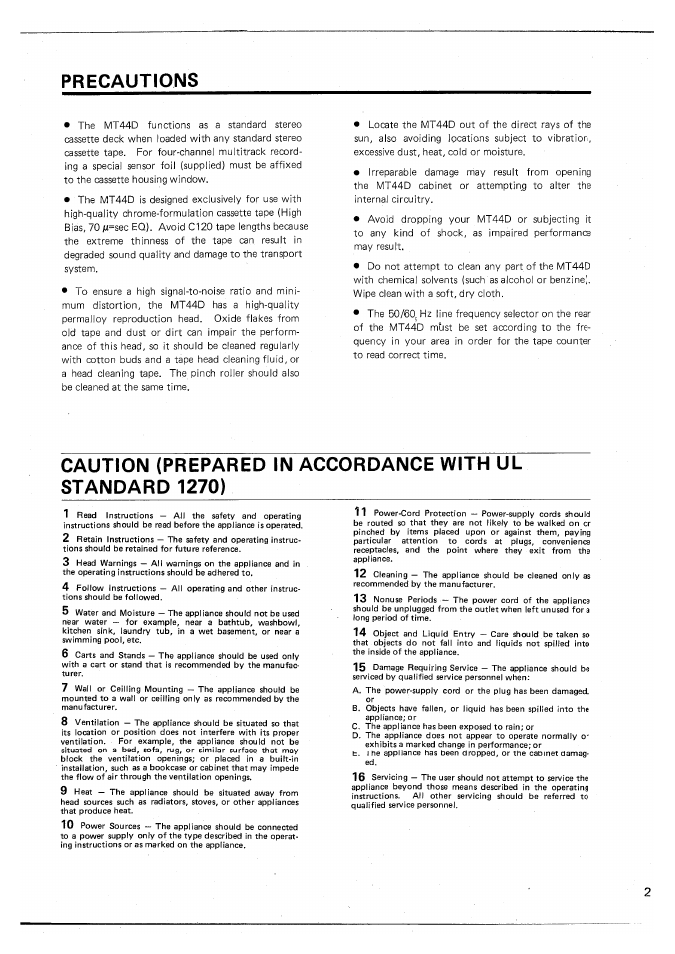 Precautions | Yamaha MT44D User Manual | Page 3 / 43