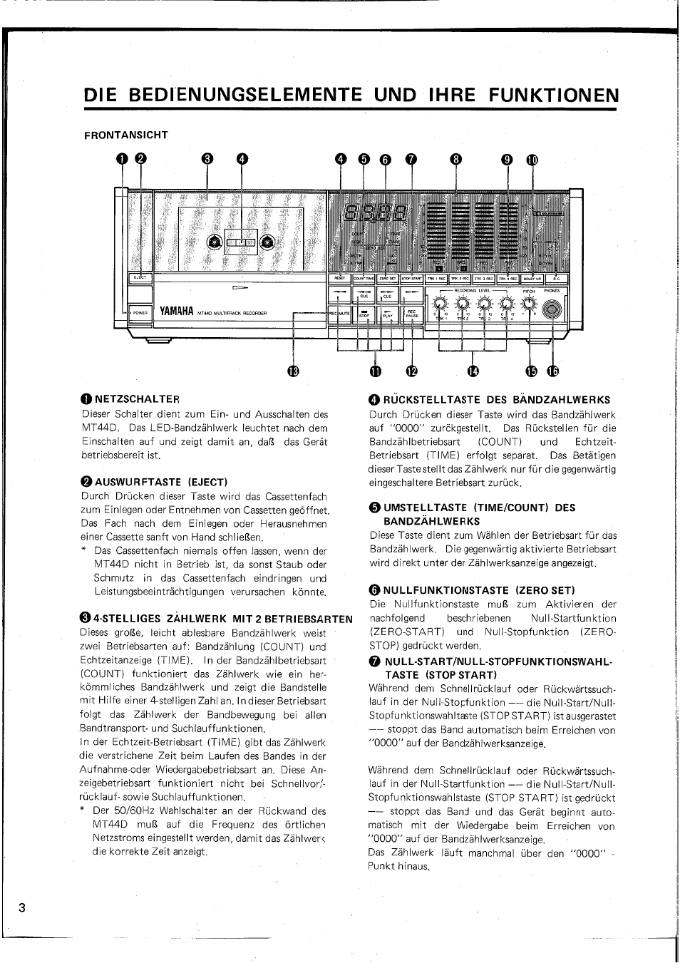 Die bedienungselemente und ihre funktionen, Frontansicht, Onetzschalter | Auswurftaste (eject), Stelliges zählwerk mit 2 betriebsarten, O rückstelltaste des bändzahlwerks, Umstelltaste (time/count) des bandzählwerks, Nullfunktionstaste (zero set) | Yamaha MT44D User Manual | Page 32 / 43
