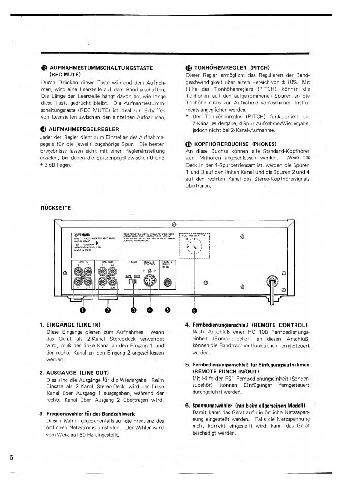 Aufnahmestummschaltungstaste (recmute), Aufnahmepegelregler, Tonhohenregler (pitch) | Kopfhörerbuchse (phones), Rückseite, Eingänge (line in), Ausgänge (line out), Frequenzwähler für das bandzählwerk, Fernbedienungsanschluß (remote control), Spannungswähler (nur beim allgemeinen modell) | Yamaha MT44D User Manual | Page 34 / 43