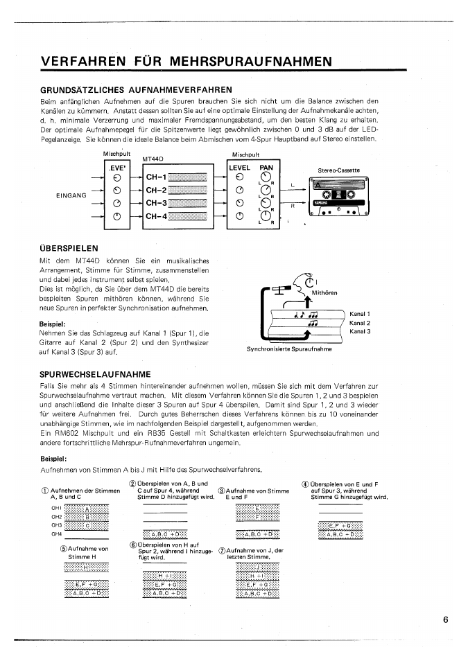 Verfahren für mehrspuraufnahmen, Grundsätzliches aufnahmeverfahren, Überspielen | Spurwechselaufnahme | Yamaha MT44D User Manual | Page 35 / 43