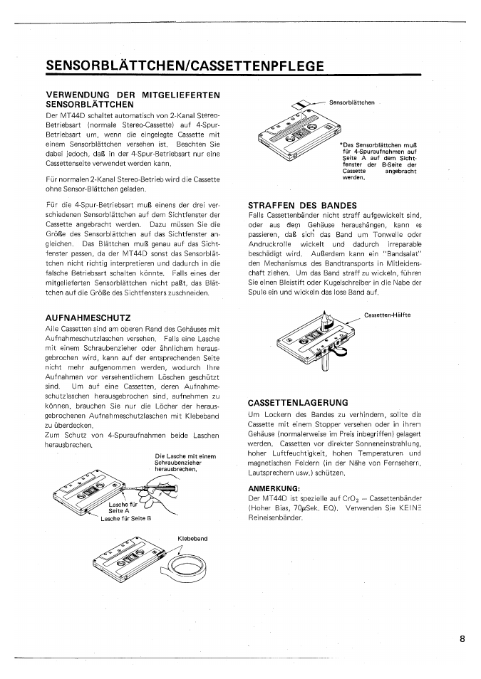 Sensorblättchen/cassettenpflege, Anmerkung | Yamaha MT44D User Manual | Page 37 / 43