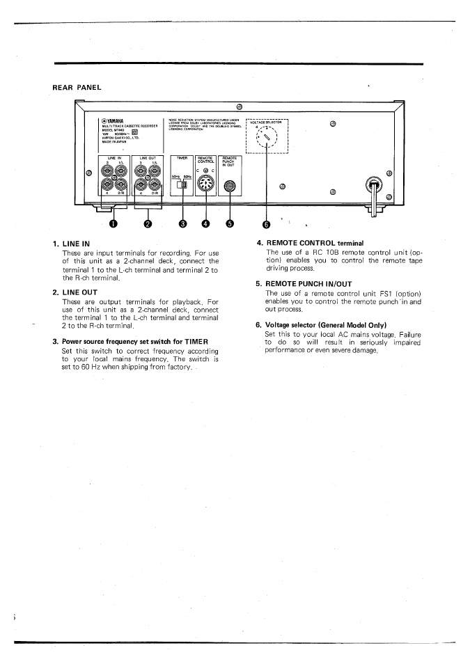 Line in, Line out, Power source frequency set switch for timer | Remote control terminal, Remote punch in/out, Voltage selector (general model only) | Yamaha MT44D User Manual | Page 6 / 43