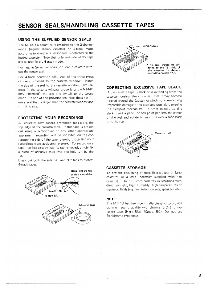 Sensor seals/handling cassette tapes, Note | Yamaha MT44D User Manual | Page 9 / 43