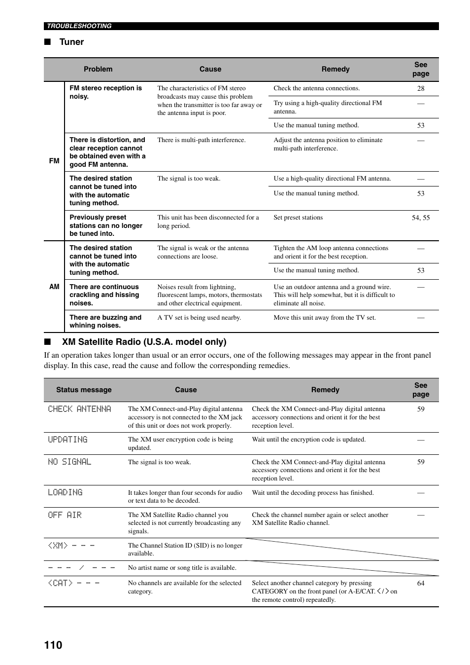 Tuner ■ xm satellite radio (u.s.a. model only) | Yamaha HTR-5960 User Manual | Page 114 / 128